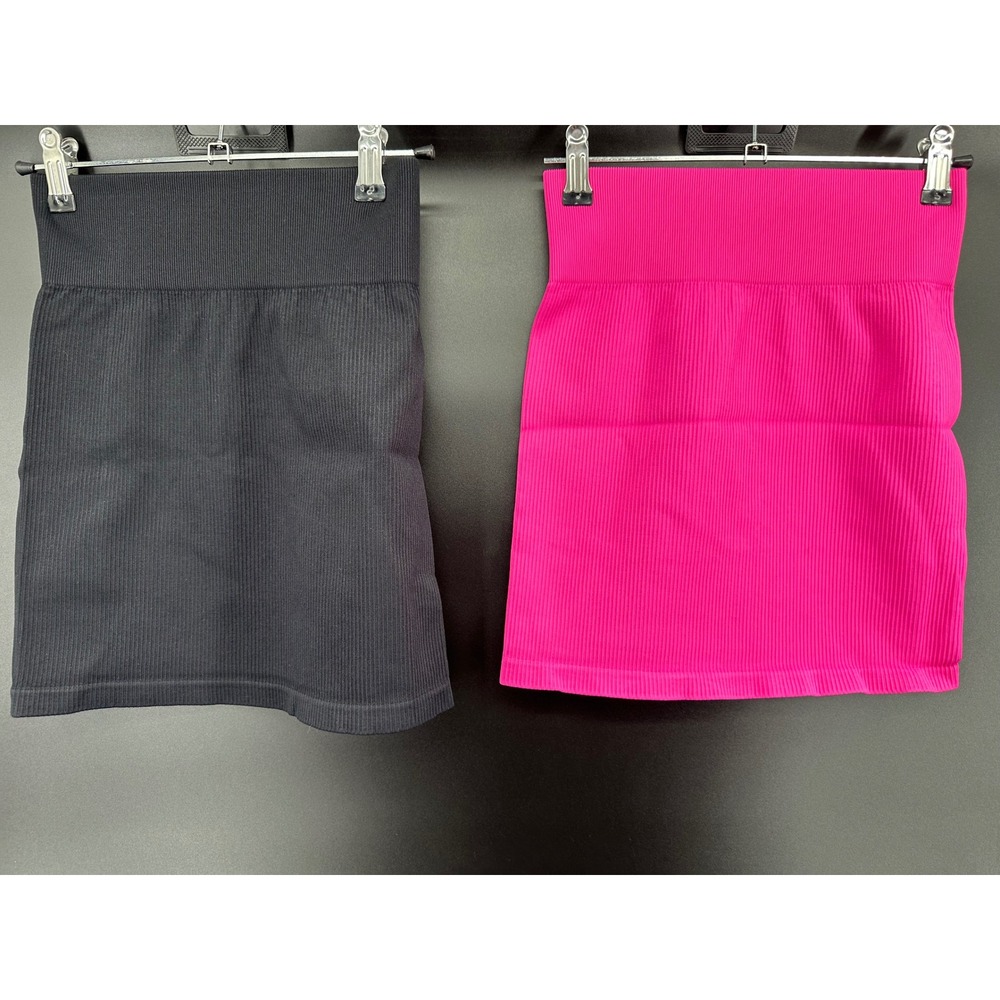 OQQ 2-Pack Seamless Ribbed Mini Skirts Black Hot Pink High Waisted Bodycon Small